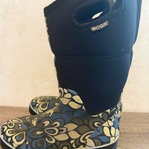 BOGS Tall Black and Blue Floral Boots